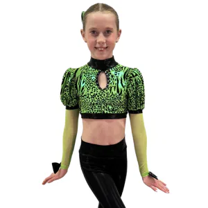 Green Puff Sleeve Leopard Crop Top 8
