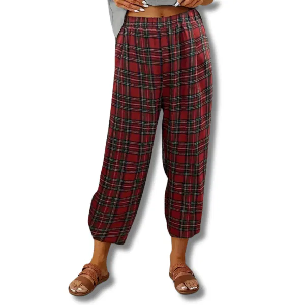Plaid Print Elastic Waist Loose Pants 10