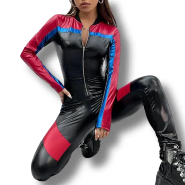 Zip Up Colorblock PU Leather Unitard 6